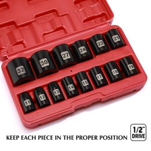 EMENTOL 14 PCS 1/2" Drive Standard Impact Socket Set, Metric, CR-V, 1/2-Inch Drive Shallow Impact Socket Set, 11mm - 32mm