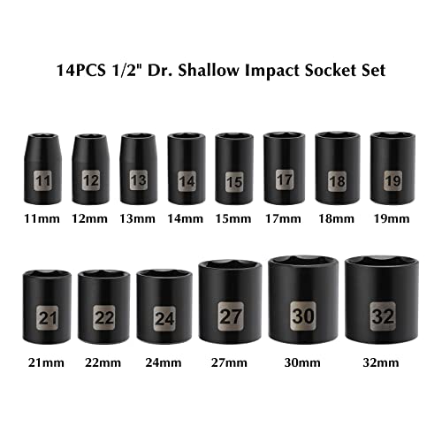 EMENTOL 14 PCS 1/2" Drive Standard Impact Socket Set, Metric, CR-V, 1/2-Inch Drive Shallow Impact Socket Set, 11mm - 32mm