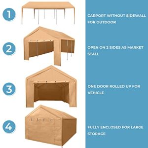 ASTEROUTDOOR 12x20 Feet Heavy Duty Carport with Removable Sidewalls & Doors Portable Garage Car Canopy Boat Shelter Tent for Party, Wedding, Garden Storage Shed 8 Legs, Beige