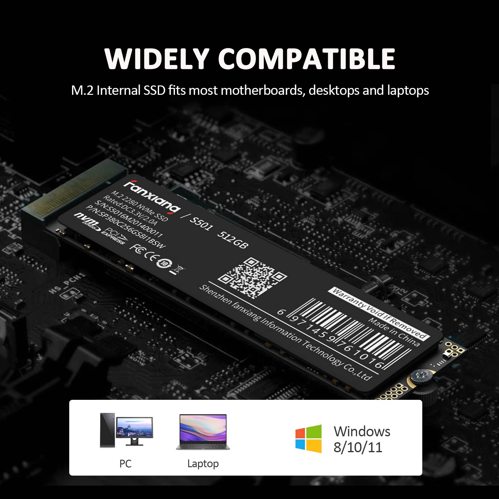 fanxiang S501 512GB NVMe SSD 3D NAND1.3 PCIe Gen3x4 M.2 2280 Internal Solid State Drive (Read/Write Speed up to 2,150/1,600 MB/s) Compatible with Laptop & PC Desktop