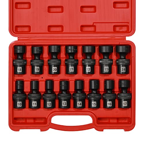 EMENTOL 15PCS 1/2" Drive Shallow Universal Impact Socket Set, 6 Point, Metric, CR-MO, Swivel Standard Impact Socket Set, 10mm - 24mm