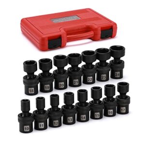 EMENTOL 15PCS 1/2" Drive Shallow Universal Impact Socket Set, 6 Point, Metric, CR-MO, Swivel Standard Impact Socket Set, 10mm - 24mm