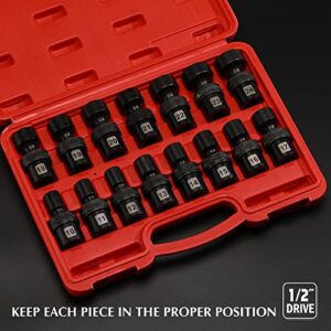 EMENTOL 15PCS 1/2" Drive Shallow Universal Impact Socket Set, 6 Point, Metric, CR-MO, Swivel Standard Impact Socket Set, 10mm - 24mm