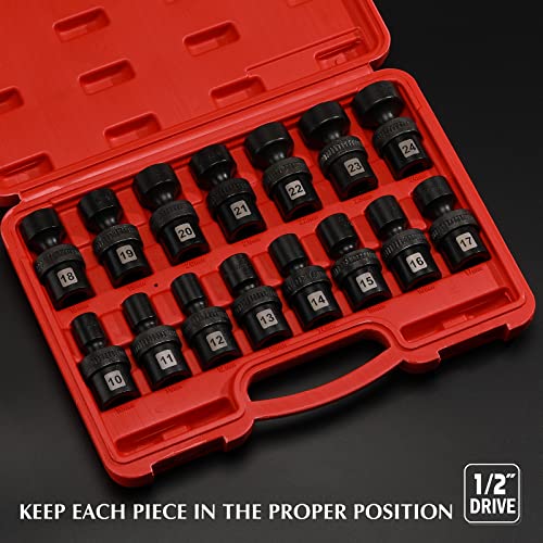 EMENTOL 15PCS 1/2" Drive Shallow Universal Impact Socket Set, 6 Point, Metric, CR-MO, Swivel Standard Impact Socket Set, 10mm - 24mm