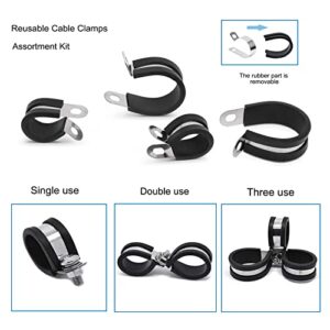 PEROMI 90PCS Cable Clamps Assortment Kit in 9 sizes 1/4" 3/8" 5/16" 1/2" 5/8" 7/10" 3/4" 7/8" 1", 304 Stainless Steel Rubber Cushioned Insulated Clamp, Loop Clamps, Pipe Clamps