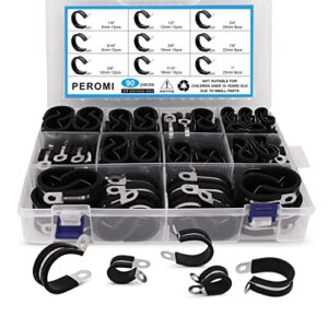 peromi 90pcs cable clamps assortment kit in 9 sizes 1/4" 3/8" 5/16" 1/2" 5/8" 7/10" 3/4" 7/8" 1", 304 stainless steel rubber cushioned insulated clamp, loop clamps, pipe clamps
