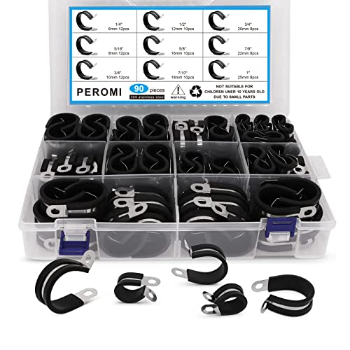 PEROMI 90PCS Cable Clamps Assortment Kit in 9 sizes 1/4" 3/8" 5/16" 1/2" 5/8" 7/10" 3/4" 7/8" 1", 304 Stainless Steel Rubber Cushioned Insulated Clamp, Loop Clamps, Pipe Clamps