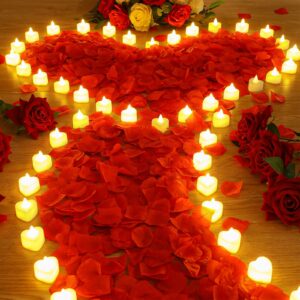 coume 6000 pieces artificial rose petal with 72 pieces romantic heart led candle flameless love led tealight candle for romantic night anniversary table decor(warm white light)