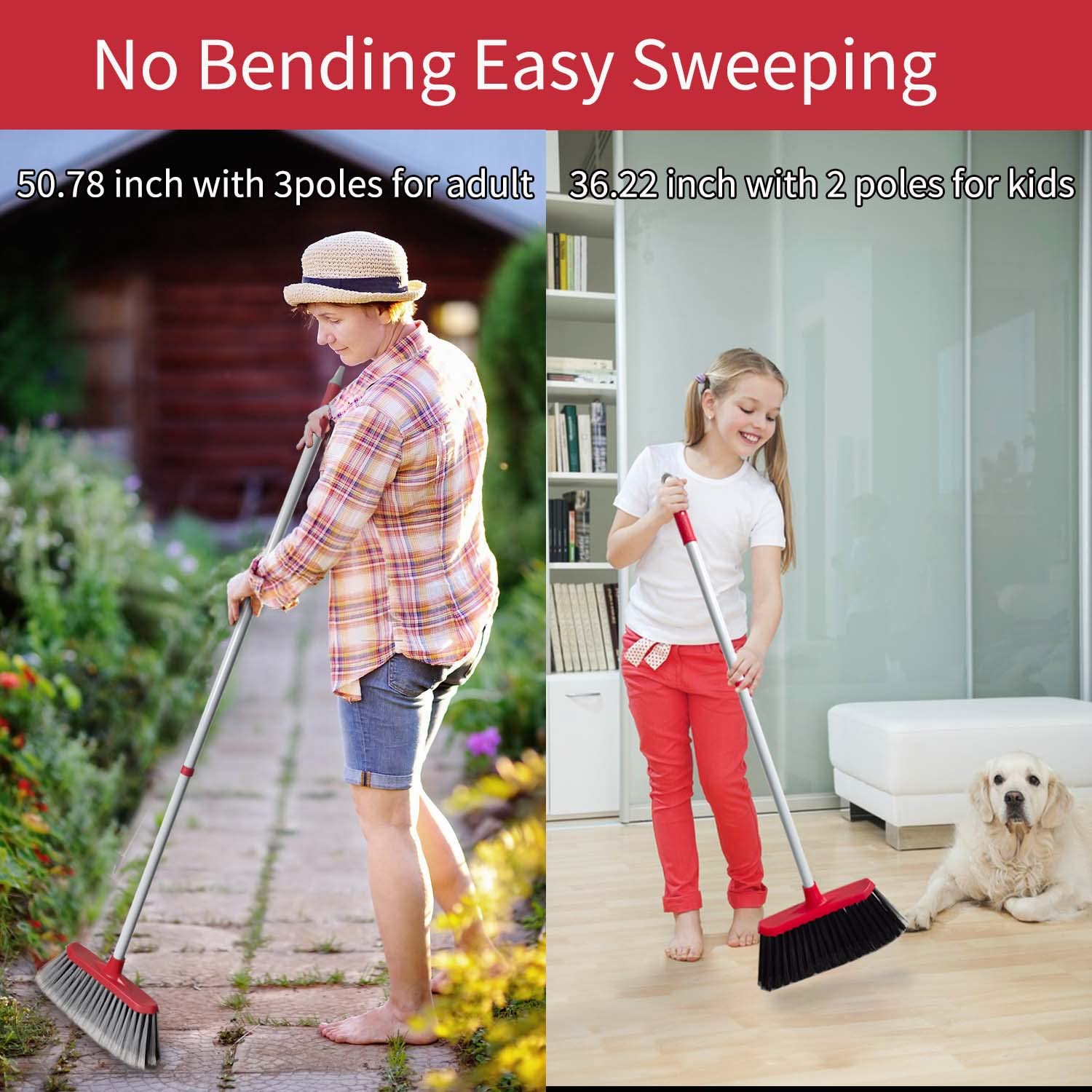 Heavy-Duty Broom Upgraded Double-Side Bristles Wide Angle Outdoor Brooms, 50.78” Adjustable Long Handle, Great for Garden Patio Kitchen Toilet Hair Sweeper