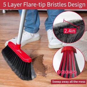 Heavy-Duty Broom Upgraded Double-Side Bristles Wide Angle Outdoor Brooms, 50.78” Adjustable Long Handle, Great for Garden Patio Kitchen Toilet Hair Sweeper