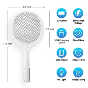 Dailytop Electric Fly Swatter, Rotatable Indoor Bug Zapper Racket, USB-C Rechargeable Mosquito Killer, 3500V High-Voltage Mosquito Zapper with UV Light, Standing Base, and Wall Mount