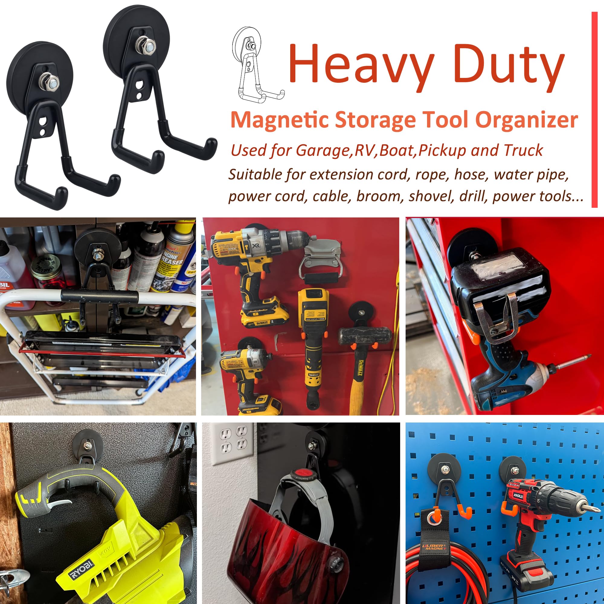 ULIBERMAGNET Strong Garage Magnetic Hooks, 2 Pack Heavy Duty Storage Utility Magnet Hooks with Anti-Slip Coating for Indoor & Outdoor Hanging (Black)