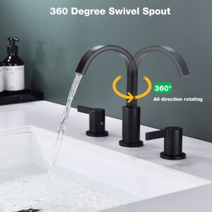 Black Bathroom Faucet, 2 Handle Basin Sink Waterfall Faucet, Brass Bathroom Faucet 3 Hole 8 Inch Widespread Deck Mounted, Hot and Cold Mix Swivel Faucet with Pop Up Drain Assembly, Matte Black