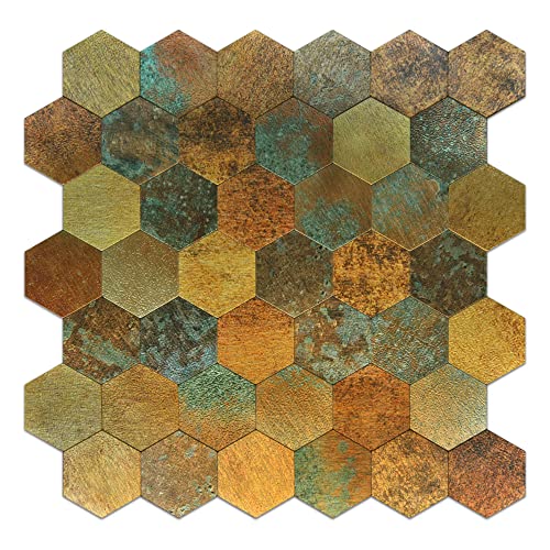 Kasaro 10-Sheet Peel and Stick Backsplash Tile, Retro Rust Stone Classic Stick on Wall Tiles, Self-Adhesive Aluminum Backsplash for Kitchen, Bathroom, Fireplace, Bedroom, Hexagon