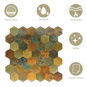 Kasaro 10-Sheet Peel and Stick Backsplash Tile, Retro Rust Stone Classic Stick on Wall Tiles, Self-Adhesive Aluminum Backsplash for Kitchen, Bathroom, Fireplace, Bedroom, Hexagon