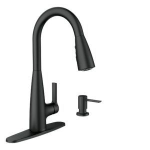 moen haelyn matte black single-handle pull-down sprayer kitchen faucet featuring power boost for a faster clean, soap dispenser included, 87627bl