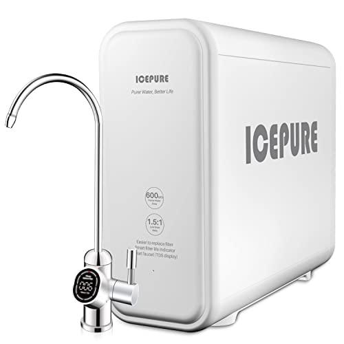 ICEPURE Reverse Osmosis System Under Sink, 600 GPD, 1.5:1 Pure to Drain, TDS Reduction, Smart Faucet, Real Time TDS Reading, NSF/ANSI Standards, USA Tech, Tankless RO Water Filtration