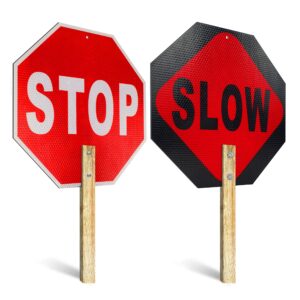 olanzu handheld stop slow sign with wooden handle - 12" x 12" double sided crossing guard stop sign - honeycomb reflective road sign,aluminum sign - easy to install