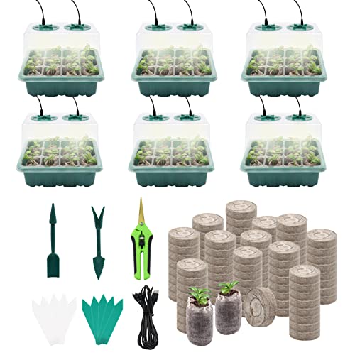 LAWNFUL Illuminated Seed Starter Tray Kit: 120 Peat Pellets + 6 Pack Germination Trays with Grow Light & Humidity Dome + 80 Plant Labels + Scissor + Gardening Tools Seedling Boxes Set