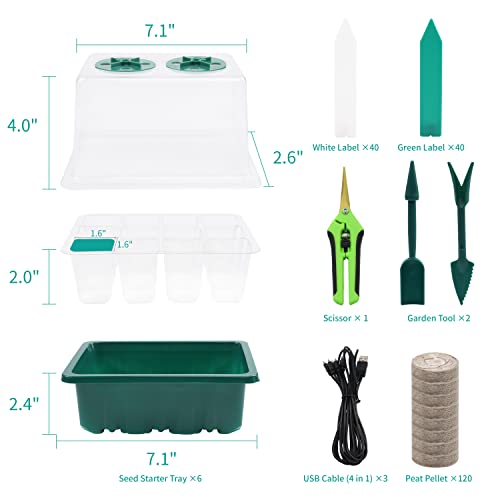 LAWNFUL Illuminated Seed Starter Tray Kit: 120 Peat Pellets + 6 Pack Germination Trays with Grow Light & Humidity Dome + 80 Plant Labels + Scissor + Gardening Tools Seedling Boxes Set