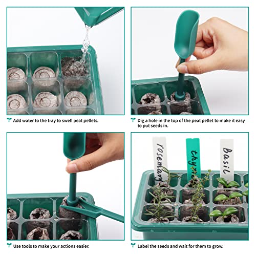 LAWNFUL Illuminated Seed Starter Tray Kit: 120 Peat Pellets + 6 Pack Germination Trays with Grow Light & Humidity Dome + 80 Plant Labels + Scissor + Gardening Tools Seedling Boxes Set