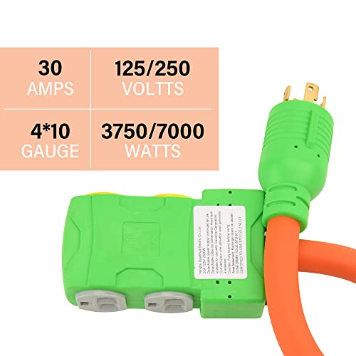 Flameweld Generator Adapter Cord - NEMA L14-30PTwist Lock Male to Four NEMA 5-20R, Heavy Duty Generator Locking Cord with Surge Protector Breaker, 30Amp 7500 Watts