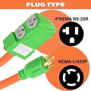 Flameweld Generator Adapter Cord - NEMA L14-30PTwist Lock Male to Four NEMA 5-20R, Heavy Duty Generator Locking Cord with Surge Protector Breaker, 30Amp 7500 Watts