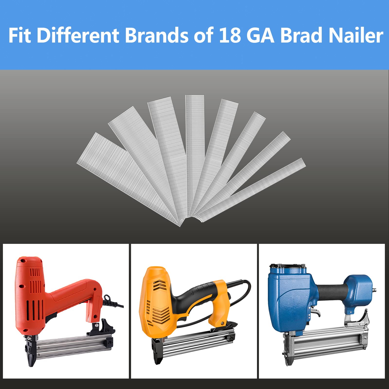 18 Gauge Brad Nails 8 Sizes (2",1-3/4",1-1/2",1-1/4",1",3/4",5/8",2/5") Galvanized 18 GA Nail Gun Nails Assorted and Small Finishing Nails for Pneumatic, Electric Brad Nailer (1600)