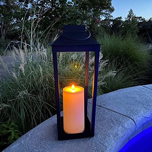 Large Outdoor Lantern Solar Powered - 19 Inch Tall, Black Metal, Open Frame (No Glass), Dusk to Dawn Timer, Flickering LED Light, Decorative Flameless Candle Lanterns for Porch or Patio