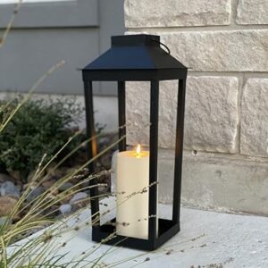 Large Outdoor Lantern Solar Powered - 19 Inch Tall, Black Metal, Open Frame (No Glass), Dusk to Dawn Timer, Flickering LED Light, Decorative Flameless Candle Lanterns for Porch or Patio