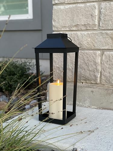 Large Outdoor Lantern Solar Powered - 19 Inch Tall, Black Metal, Open Frame (No Glass), Dusk to Dawn Timer, Flickering LED Light, Decorative Flameless Candle Lanterns for Porch or Patio