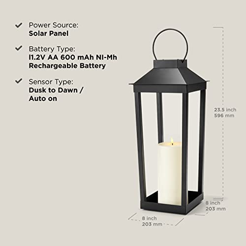 Large Outdoor Lantern Solar Powered - 19 Inch Tall, Black Metal, Open Frame (No Glass), Dusk to Dawn Timer, Flickering LED Light, Decorative Flameless Candle Lanterns for Porch or Patio