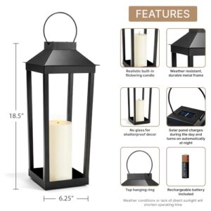 Large Outdoor Lantern Solar Powered - 19 Inch Tall, Black Metal, Open Frame (No Glass), Dusk to Dawn Timer, Flickering LED Light, Decorative Flameless Candle Lanterns for Porch or Patio