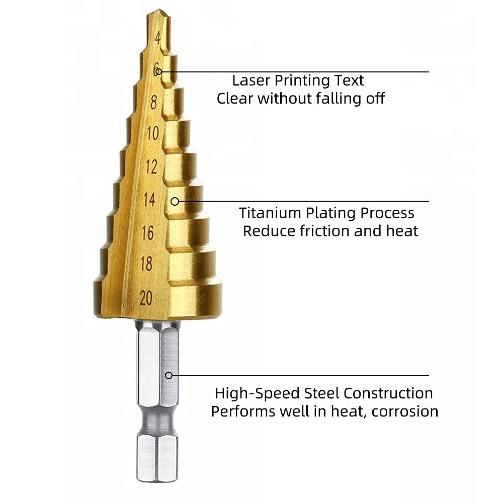 Fongmore 3Pcs 1/4" Hex Shank Drive Quick Change High Speed Steel Titanium Step Drill Bit Short Length Drill Bits for Hole Drilling 3-12mm 4-12mm 4-20mm