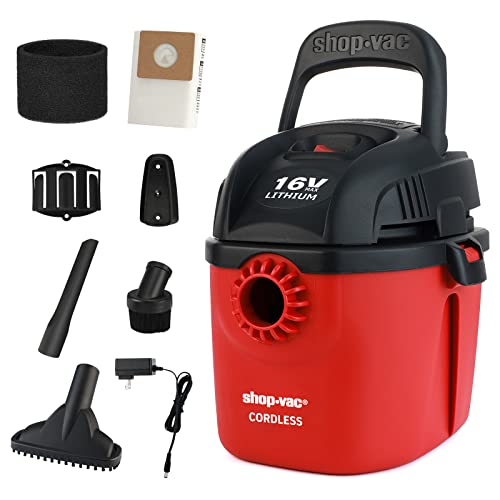 Shop-Vac Cordless 1 Gallon Wet/Dry, 16-Volt Lithium Rechargeable Portable Compact Vacuum with Accessories, Filter Bag & Foam Sleeve, 2025088, Red