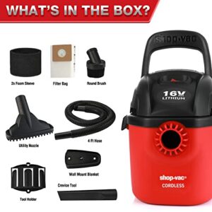 Shop-Vac Cordless 1 Gallon Wet/Dry, 16-Volt Lithium Rechargeable Portable Compact Vacuum with Accessories, Filter Bag & Foam Sleeve, 2025088, Red