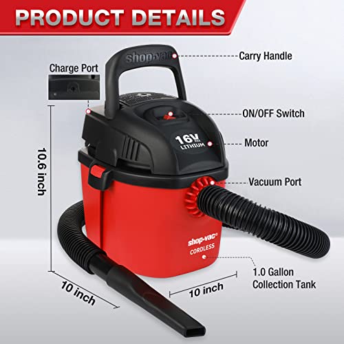 Shop-Vac Cordless 1 Gallon Wet/Dry, 16-Volt Lithium Rechargeable Portable Compact Vacuum with Accessories, Filter Bag & Foam Sleeve, 2025088, Red