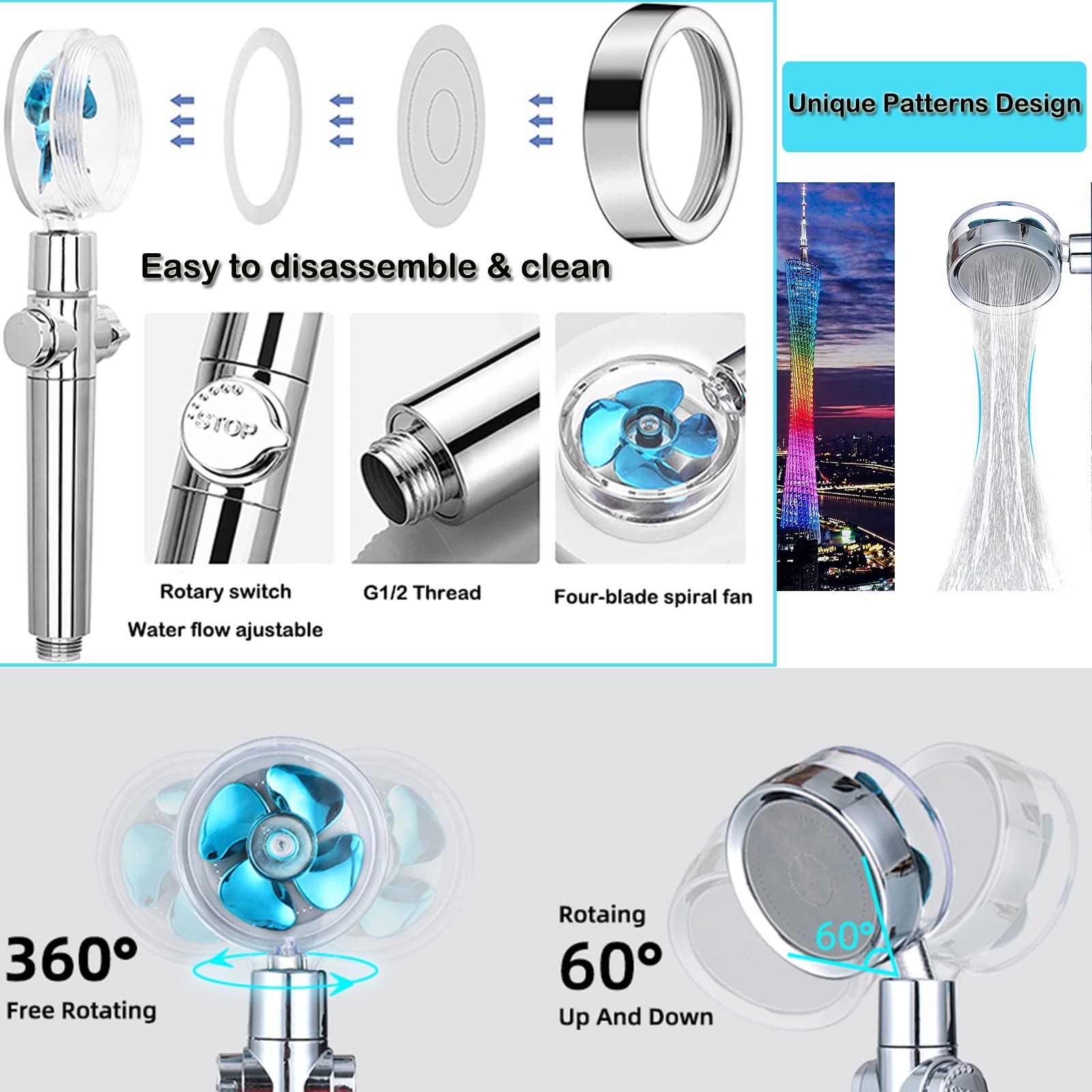 Hydro Jet High Pressure Shower Head Turbocharged Shower Head Handheld Turbo Fan Shower Kit with Replacement Hose/Bracket/Cotton Filters and Bath Loofah, 3 Water Panels for Different Experience