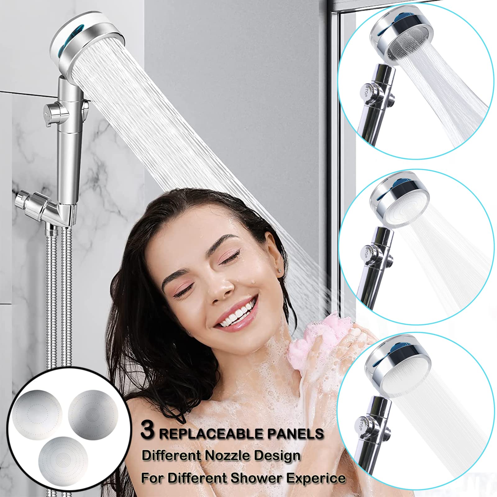 Hydro Jet High Pressure Shower Head Turbocharged Shower Head Handheld Turbo Fan Shower Kit with Replacement Hose/Bracket/Cotton Filters and Bath Loofah, 3 Water Panels for Different Experience