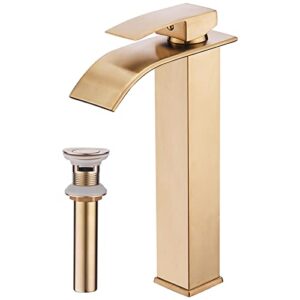 wf wu fang gold bathroom faucet,tall single handle bathroom vanity sink faucet with waterfall spout and pop up drain,solid brass/brushed gold