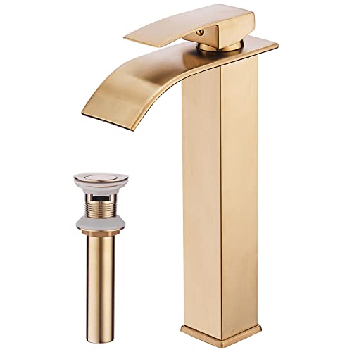 WF WU FANG Gold Bathroom Faucet,Tall Single Handle Bathroom Vanity Sink Faucet with Waterfall Spout and Pop Up Drain,Solid Brass/Brushed Gold