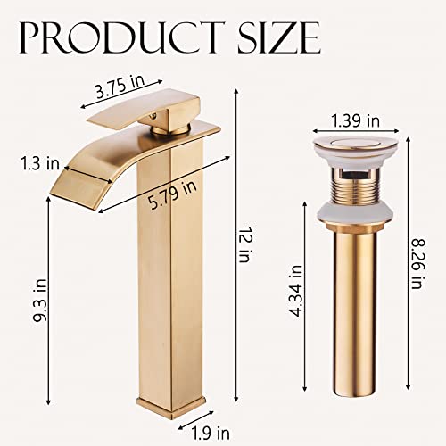 WF WU FANG Gold Bathroom Faucet,Tall Single Handle Bathroom Vanity Sink Faucet with Waterfall Spout and Pop Up Drain,Solid Brass/Brushed Gold