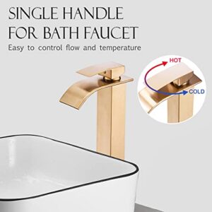 WF WU FANG Gold Bathroom Faucet,Tall Single Handle Bathroom Vanity Sink Faucet with Waterfall Spout and Pop Up Drain,Solid Brass/Brushed Gold