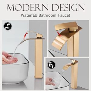 WF WU FANG Gold Bathroom Faucet,Tall Single Handle Bathroom Vanity Sink Faucet with Waterfall Spout and Pop Up Drain,Solid Brass/Brushed Gold