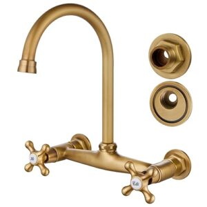 airuida antique brass wall mount kitchen sink faucet, wall mounted 8 inches center faucet, wall mounted commercial kitchen faucet, 360 degree swivel spout mixer commercial tap with female thread