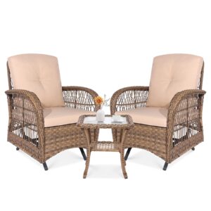 vivijason 3-piece outdoor patio furniture set, outdoor wicker glider rocking chairs rattan conversation bistro sets w/ 2 rattan cushioned chairs and glass top side table for porch backyard