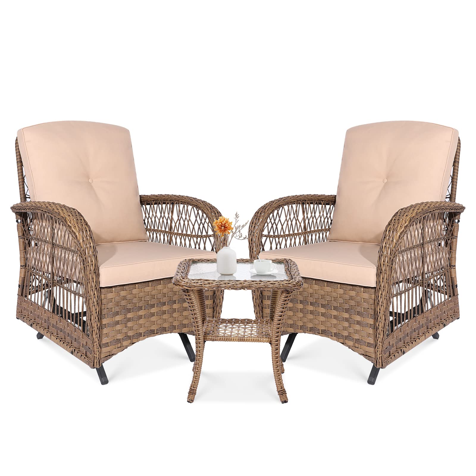 VIVIJASON 3-Piece Outdoor Patio Furniture Set, Outdoor Wicker Glider Rocking Chairs Rattan Conversation Bistro Sets w/ 2 Rattan Cushioned Chairs and Glass Top Side Table for Porch Backyard