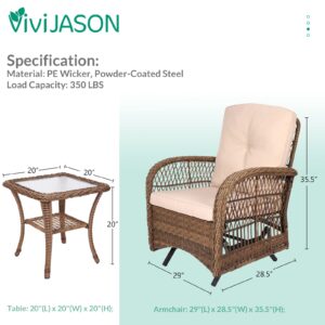 VIVIJASON 3-Piece Outdoor Patio Furniture Set, Outdoor Wicker Glider Rocking Chairs Rattan Conversation Bistro Sets w/ 2 Rattan Cushioned Chairs and Glass Top Side Table for Porch Backyard