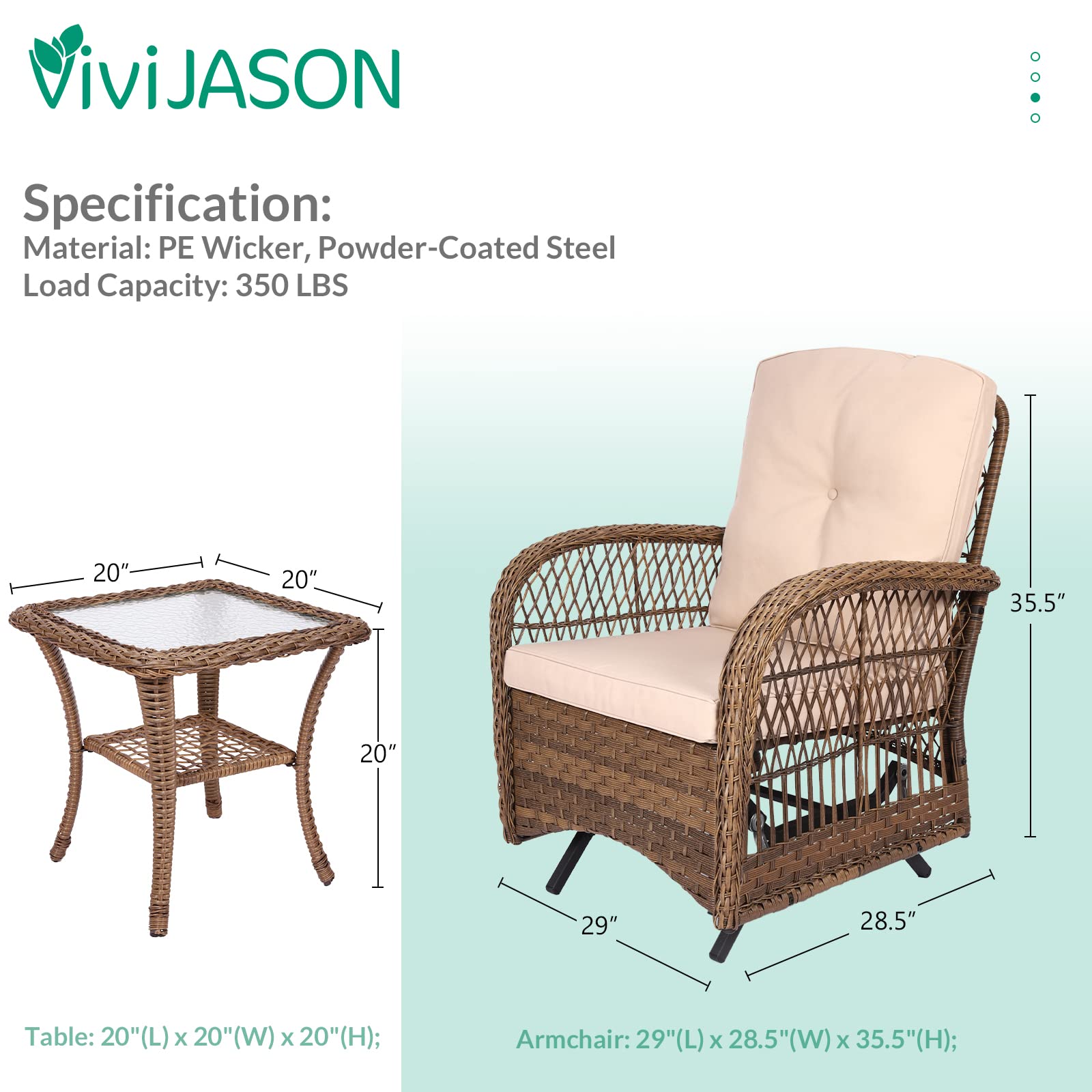 VIVIJASON 3-Piece Outdoor Patio Furniture Set, Outdoor Wicker Glider Rocking Chairs Rattan Conversation Bistro Sets w/ 2 Rattan Cushioned Chairs and Glass Top Side Table for Porch Backyard