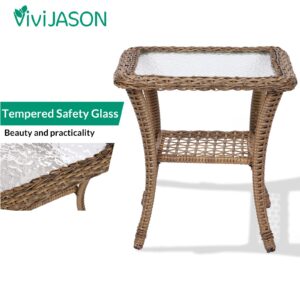 VIVIJASON 3-Piece Outdoor Patio Furniture Set, Outdoor Wicker Glider Rocking Chairs Rattan Conversation Bistro Sets w/ 2 Rattan Cushioned Chairs and Glass Top Side Table for Porch Backyard